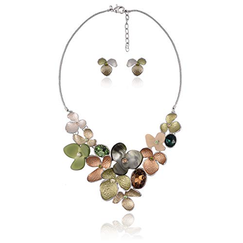 AMYJANE Vintage Statement Jewelry Set - Spring Leaf Flower Floral Plant Necklace Earring Set Crystal Rhinestone Fashion Costume Jewelry for Women Prom Party Unique Gift - style: meilian flower jewelry set green