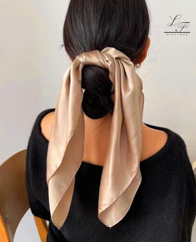 Hioyiwse Satin Square Scarf for Women Solid Color Emulation Silk Handkerchief Hair Ribbon Headband Handbag Purse - color: D9-coffee(23.6*23.6inch)