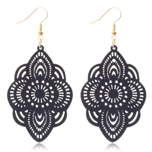 Bohemian Wood Earrings Natural Retro Lightweight Hollow Pattern Geometric Wooden Dangle Drop Earrings Statement Vintage Jewelry - color: Blue Earrings