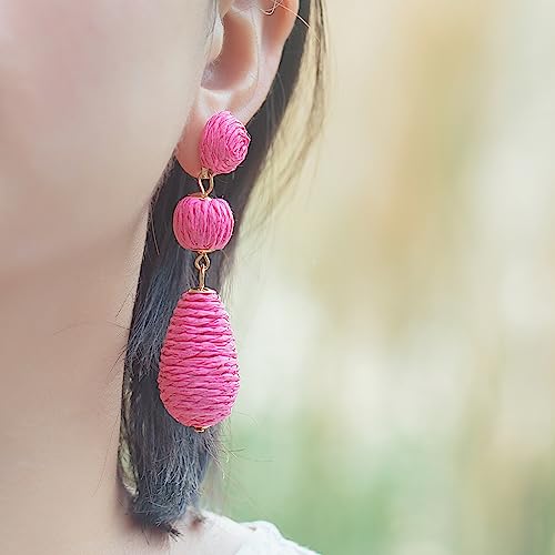 Boho Raffia Earrings Statement Dangle Earrings Cute Teardrop Ball Earrings Colorful Summer Jewelry Handmade Rattan Earrings for Women - color: Hot Pink