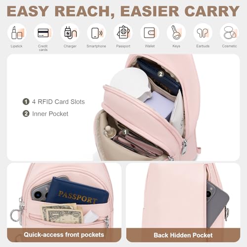 SYTRAH Sling Bag for Women, Anti-Theft RFID Crossbody Bag Nylon Sling Purse for Travel, Puffy Small backpack - color: Pink