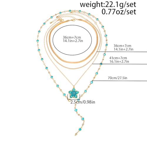 Gold Flower Y Chain Necklace for Women Layered Flower Pendant Choker Long Rhinestone Chain Necklace Party Prom Jewelry - color: Blue