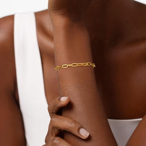 S925 Sterling Silver Paperclip Chain Bracelets for Women - 18K Gold Plated Sterling Silver Paperclip Chain Bracelet Handmade Jewelry Gold Bracelets for Women 6.5/7/7.5/8 Inch - color: Gold, size: 7”