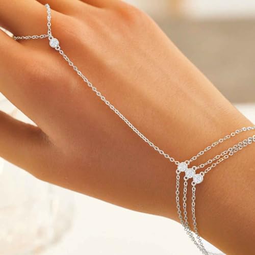 925 Sterling Silver Hand Chain Bracelet for Women,Non Tarnish 14k Gold Plated CZ Crystal Heart Starburst Ring Bracelets Hand Chain Dainty Diamond Layered Stackable Link Chain Beach Waterproof Graduation Wedding Gifts - color: Silver