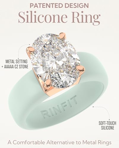 Rinfit Silicone Ring with Stone - Oval Cut Cubic Zirconia Solitaire Engagement Ring for Women - Rubber Wedding Bands - Patented Design - color: Pack G: Light Green / Rose Gold