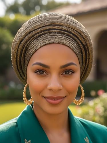 Woeoe African Head Wraps for Black Women Gold Pre Tied Headdress Wedding Turban Hats - color: Gold