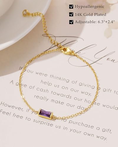 FUNEIA Birthstone Gold Bracelets for Women Non Tarnish Trendy Dainty 14K Gold Plated Bracelet Stack Stackable Blue Green May Emerald Friendship Bracelets Jewelry Gifts for Mom Best Friend - color: 02. February(Amethyst)
