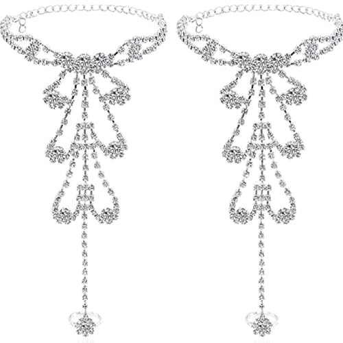 Summer Barefoot Sandals with Foot Chain Jewelry, Crystal Toe Ring Anklets & Bridal Rhinestone Foot Chain for Women (Silver)