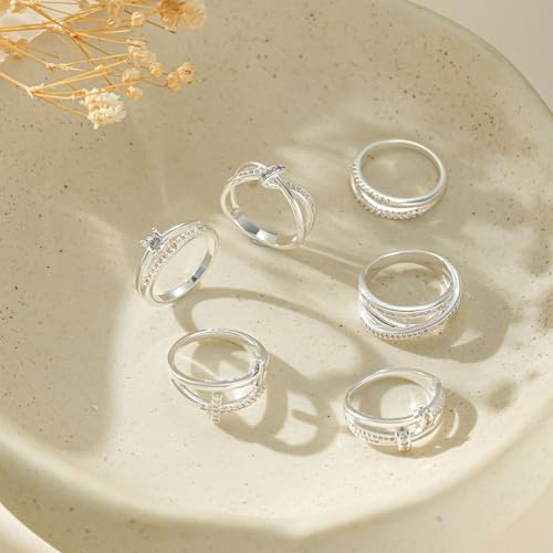 FISSEN JEWELRY Gold Rings for Women, Non Tarnish Dainty 14k Gold Plated Silver CZ Cross Ring Cute Cubic Zirconia Pinky Thumb Stackable Band Silver Finger Rings Size 6-10 Jewelry for Her - color: Silver Diamond Circle
