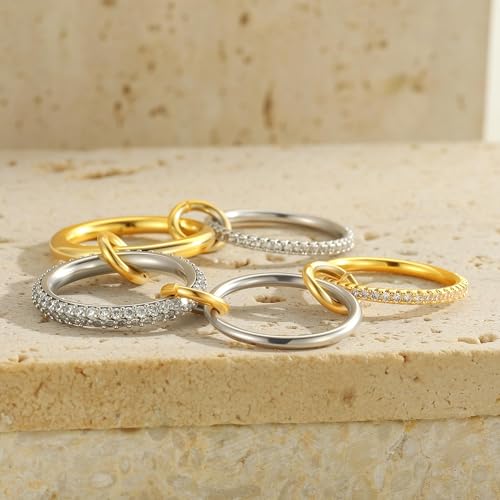 Gold Stackable Rings for Women Non Tarnish, 18k Gold Plated Cubic Zirconia Rings, Exquisite Silver Gold Multi Ring Mixed Metals Stack Jewelry Set Size 6-10 - color: 5PCS, size: 6