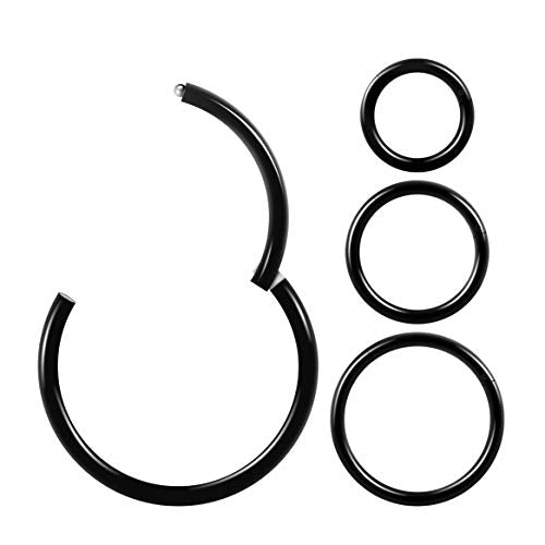 4Pcs 16G 18G 20G Surgical-Steel-Piercing-Ring-Nose-Rings-Hinged-Hoop-Earrings,6mm 8mm 10mm 12mm Seamless Stainless Steel Clicker Eyebrow Septum Piercing Hoop,Sliver Black Gold Rose Gold Rainbow Body Jewelry Set - color: 18G Black