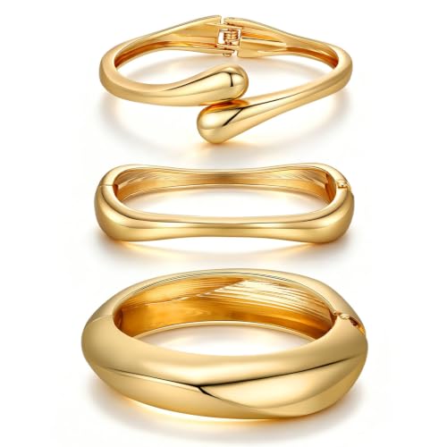 Chunky Gold Bangle Bracelets for Women Trendy 14K Gold Plated Cuff Bracelets Stack, Dainty Gold Bracelet Sets Non Tarnish Fashion Jewelry Gift - style: 3pcs-Gold