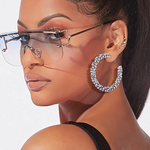 Rhinestone Hoop Earring for Women Sparkly Crystal Wrapped Hoop Dangle Earrings Statement Boho Gold Black Plated CZ Hoop Earring - color: B1: Silver