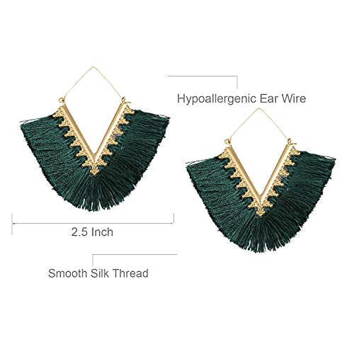 Tassel Hoop Earring Statement Thread Dangle Earrings Stylish Long Fringe Drop Earrings Lightweight Long Swingy French Hook Earrings for Women - color: A Dark Green