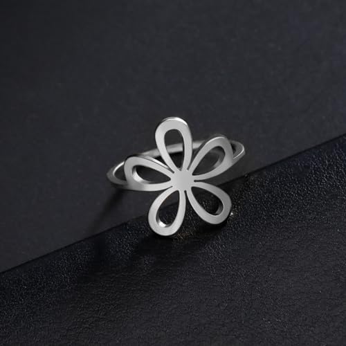 TEAMER Filigree Flower Ring Stainless Steel Elegant Bohemian Finger Ring Wedding Band Ring Exquisite Jewelry for Women - color: Style 2 - Silver