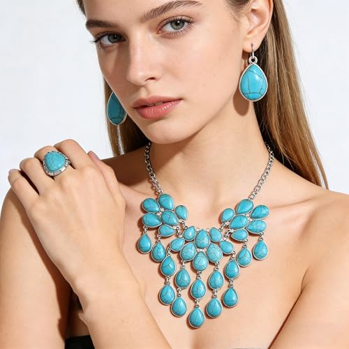 4 PCS Western Turquoise Jewelry for Women Boho Vintage Navajo Pearl Necklace Earring Bracelet Ring Set Country Cowgirl Accessories for Gift - color: C-Blue