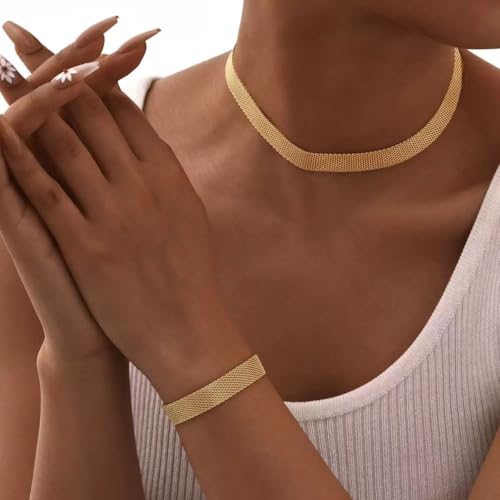 Fanmusic 18K Gold Plated Mesh Bracelet for Women, Adjustable Stainless Steel Wristband, Hypoallergenic Tarnish Resistant Everyday Jewelry Gift