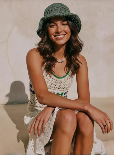 Handmade Women's Crochet Straw Bucket Hat Packable Daisy Beach Cap | Adjustable Inner Drawstring, Airy Lightweight Paper Fiber, Face Shade, Easy Storage, Feminine Openwork Floral Style - color: Green