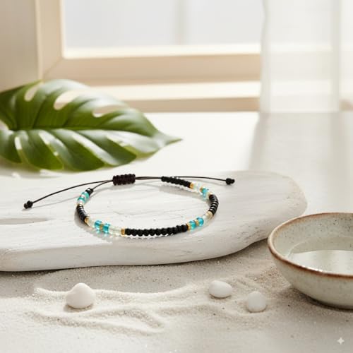 Anklets for Women, Handmade Colorful Beaded Adjustable Gemstone Anklet, Colorful Small Beads Hippie Foot Jewelry, Ankle Bracelet, Boho Style Waterproof, Gift Set with Box & Ribbon - color: Black