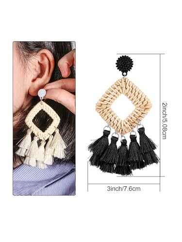 meekoo 2 Pairs Rattan Tassel Earrings for Women Bohemian Woven Earrings Summer Beach Jewelry Gifts(Black and White)