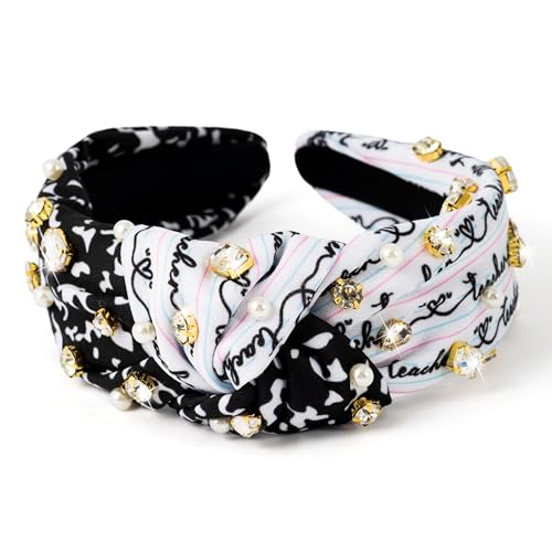 PANTIDE Teacher Jeweled Knotted Headband - Back to School Composition Notebook Rhinestone Pearl Embellished Headband Top Knot Hair Accessories Teacher Appreciation Gift For Women Girls (Black White) - color: Black White Teacher