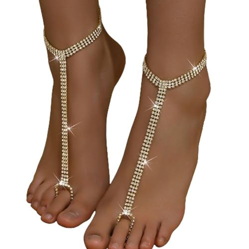 1Pair Multi-layered Rhinestone Foot Chain with Toe Jewelry for Women Wedding Bridal Crystal Barefoot Sandals Bikini Rhinestone Anklet Bracelet Foot Accessories Jewelry - style: Gold