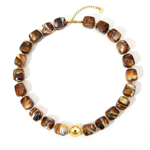 Chunky Beaded Necklace for Women Boho Colorful Statement Choker Necklaces Summer Beach Resin Jewelry Accessories - color: Dark Brown