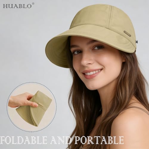 huablo]UPF 50+Womens Sun Hat UV Protection Hiking Fishing Hats Wide Brim Hat Adjustable Ponytail Packable Sun Cap - color: Khaki