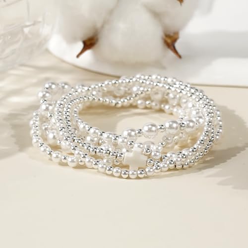 Silver Gold Beaded Bracelets for Women Stackable 14K Gold Plated Beads Ball Cross Bracelet Stack Non Tarnish Elastic Stretch Trendy Jewelry Christian Friendship Christmas Gifts for Women - color: 6pcs-Silver