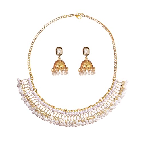 Bohemian Jhumka Earring Necklace Set for Women Bride Wedding Bollywood Crystal Pearl Beaded Antique Gold-Tone Indian Bell Jhumki Dangle Earrings Choker Necklace Ethnic Festive Party Wear Jewelry - color: White
