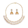 Bohemian Jhumka Earring Necklace Set for Women Bride Wedding Bollywood Crystal Pearl Beaded Antique Gold-Tone Indian Bell Jhumki Dangle Earrings Choker Necklace Ethnic Festive Party Wear Jewelry - color: White