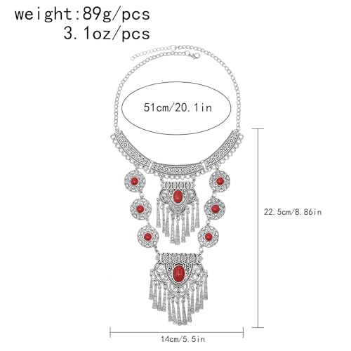 Bethynas Bohemian Ethnic Tribal Chunky Necklace Multilayer Long Tassel Turquoise Statement Neck Chain Retro Coin Gemstone Exaggerated Costume Accessories for Women - color: C-Red