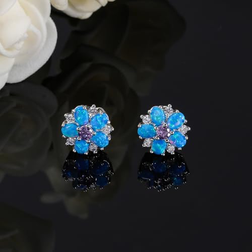 CiNily Flower Earrings,Opal Stud Earrings Sterling Silver or White Gold/Rose Gold Plated Ladies Flower Stud Earrings Cute Unique Earrings for Girls - color: Blue Opal