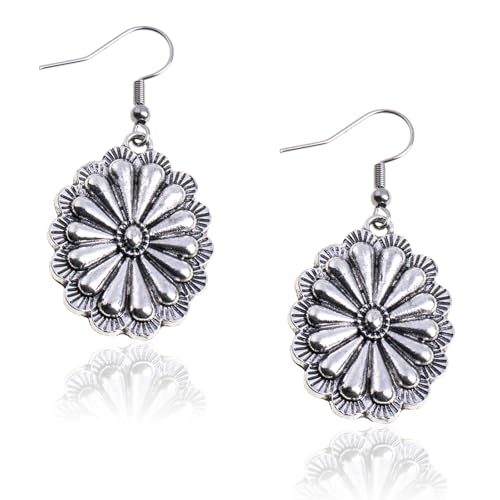 Rustic Couture's Western Earrings for Women Cowgirl Country Concho Dangling Western Statement Jewelry - color: D-Silver