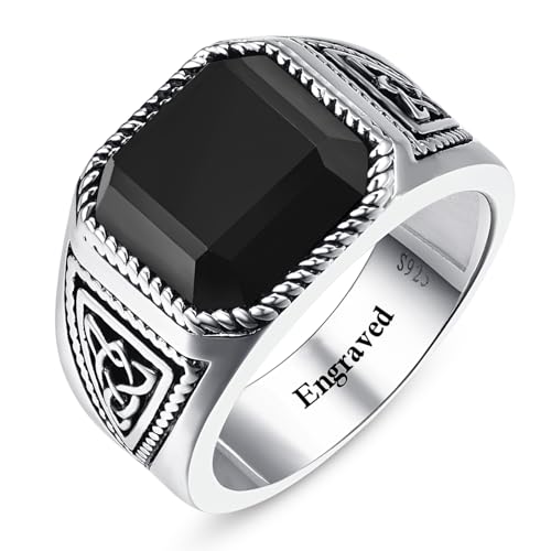 7ct Vintage Teal Turquoise|Emerald|Black Onyx Ring for Men 925 Sterling Silver Men Rings 11mm Square-Cut Mens Cocktail Rings Celtic Pattern Band for Dad Father Size 7-12 - color: Y-Customizable Name-Irish Celtic Knot-Simulated Onyx