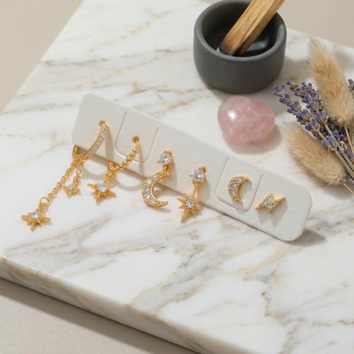 6 Pcs/6 Pairs Hypoallergenic 925 Sterling Silver Stud Post 14K Gold Earrings for Women Moon Star Hoop Stackable Cubic Zirconia Chain Dangle Earring Set Stacks for Multiple Piercings - color: Gold Moon Star