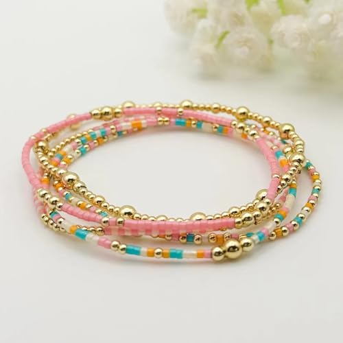 14K Gold Beaded Ball Stackable Bracelets for Women,Bohemian Stretch Colorful Seed Beads Bracelet Stack Fashion Holiday Jewelry Gift Friendship - color: Pink
