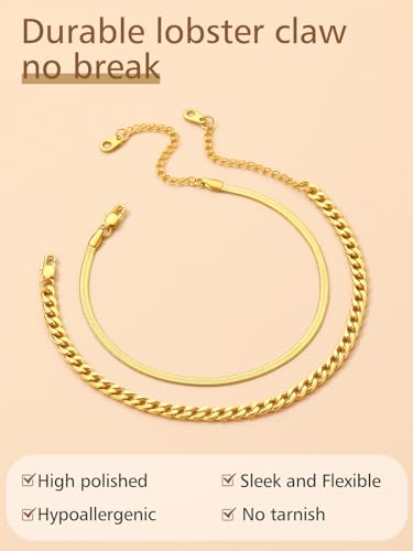 FindChic Black/Silver/Gold Plated Anklets Set of 2PCS/3PCS Herringbone Chain Cuban Link Heart Charm Sparkling Tennis Ankle Bracelets, Waterproof Summer Foot Jewelry for Beach - color: 03. Yellow-2PCS Cuban & Herringbone