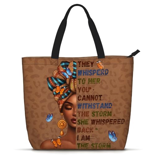 African American Women Tote Bag Black Shoulder Handbag For Women Fit Work Beach Labtops With Zip - color: Black Women 11