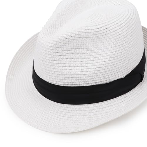 DRESHOW Women Straw Sun Hat Short Brim Panama Travel Fedora Summer Hat Roll Up Beach Cap for Women UPF 50+ - color: 1 Pc Straw Hat: White (Black Ribbon)