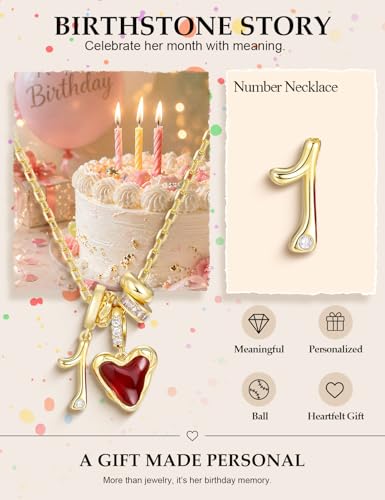 Freekiss Gold Pendant Necklace for Women, Dainty Diamond Necklaces for Women Simple 14K Gold Plated Paperclip Choker Necklaces Cute Minimalist Open Oval Necklaces Gold Jewelry for Women Gifts - color: Gold, style: Number 1 - Garnet Red Heart