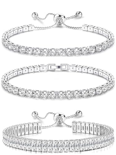 YADOCA Tennis Bracelets For Women - Silver Plated Bracelet Stack Cubic Zirconia CZ Diamond Adjustable Stackable Bracelets Set For Prom Wedding Jewelry Gift 3Pcs - style: B:Simple