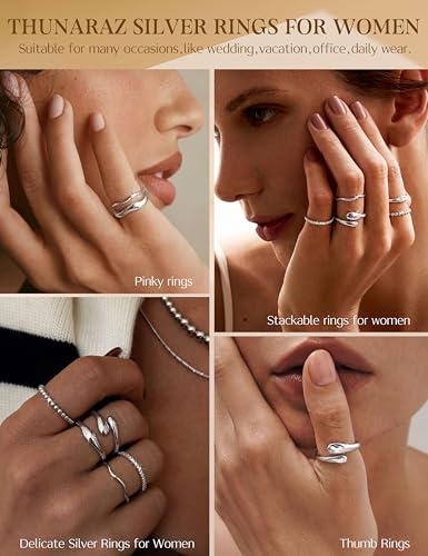 THUNARAZ 14K Gold Plated Rings for Women Non Tarnish Stackable Chunky Rings Cubic Zirconia Thumb Ring Set Dainty Trendy Statement Promise Wedding Bands Engagement Ring for Women Size 6-10 - color: Silver
