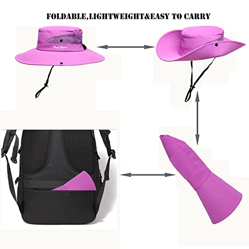 Womens Summer Sun Hat Beach Hat Wide Brim Outdoor UV Protection Hat Foldable Cool Mesh Ponytail Bucket Hat - color: Pure Purple