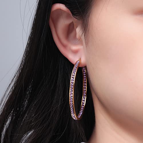 CiNily Mult-colors Crystal Stainless Steel Hoop Earring for Women Hypoallergenic Jewelry for Sensitive Ears Large Big Hoop Earrings 2" - color: Gold-Purple