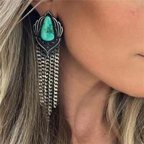 Boho Turquoise Drop Earrings Retro Long Copper Feather Tasse Metal Leaf Dangle Earrings Vintage Country Western Jewelry Cowgirl Ethnic Style Geometric Concert Festival Accessories for Women - color: Silver