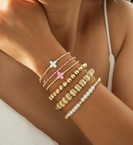 Gold Beaded Bracelets for Women, 14K Real Gold Plated Jewelry for Women Dainty Pearl Bead Bracelets Stack, Non Tarnish Trendy Stackable Ball Cross Stretch Bracelet Set Fashion Accessories Gifts - color: Gold pink cross bead