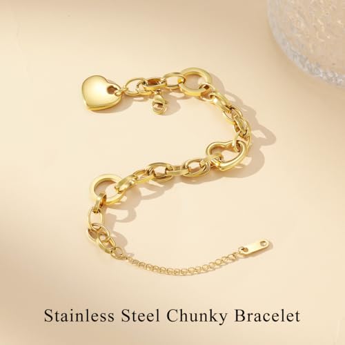 Emibele Heart Charm Bracelet for Women, Bible Verse Bracelet Stainless Steel 18K Gold Plated Bracelet Love Pendant Link Chain OT Clasp, Birthday Christmas Jewelry Gift for Mother Her - color: Gold Pendant