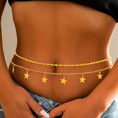 ELABEST Layered Gold Belly Chain 14K Plated Waist Chian Adjustable Sexy Waist Jewelry for Women - size: L(37inch+9.8inch), style: H