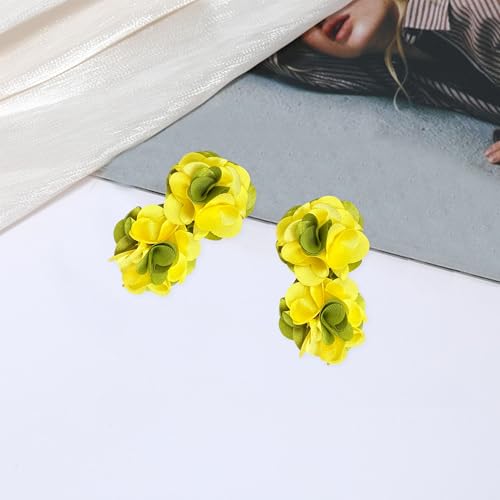 Oversized Fabric Flower Earrings for Women Statement Boho Chic Dangle Drop Earrings for Parties Weddings or Everyday Wear - color: Yellow Green